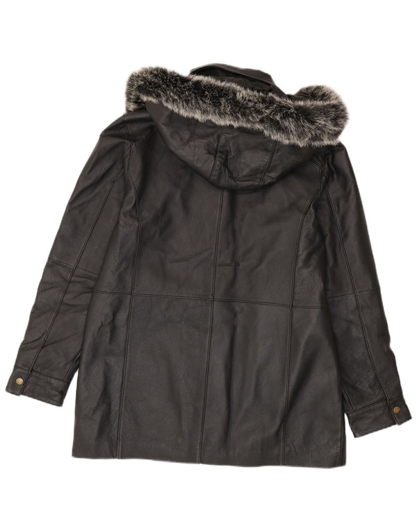 Vintage mujer chaqueta de cuero con capucha Reino Unido 14 Negro Medio