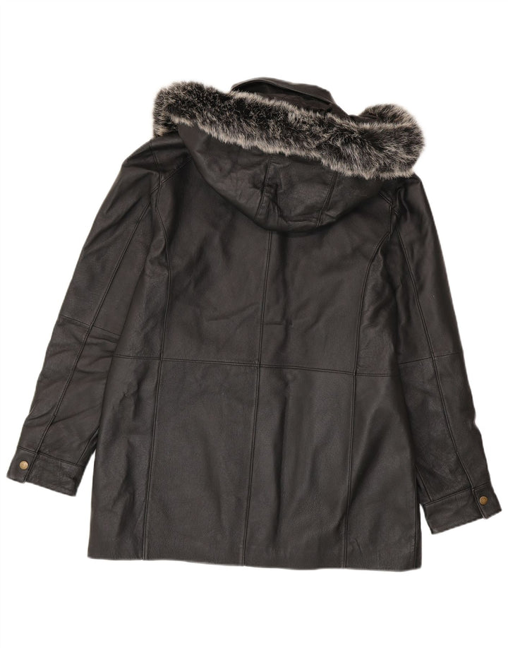 Vintage mujer chaqueta de cuero con capucha Reino Unido 14 Negro Medio