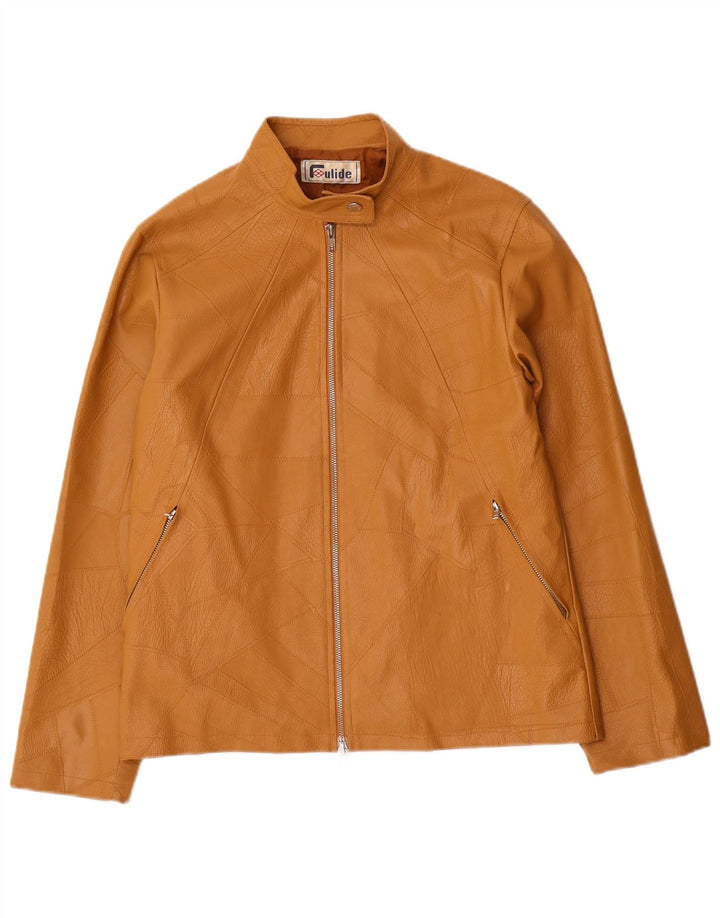 Vintage mujer chaqueta de cuero sintético Reino Unido 14 grande beige patchwork polivinilo