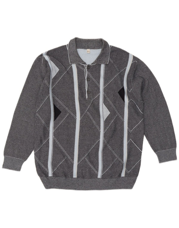 Vintage hombres polo cuello jersey suéter IT 56 XL gris algodón geométrico