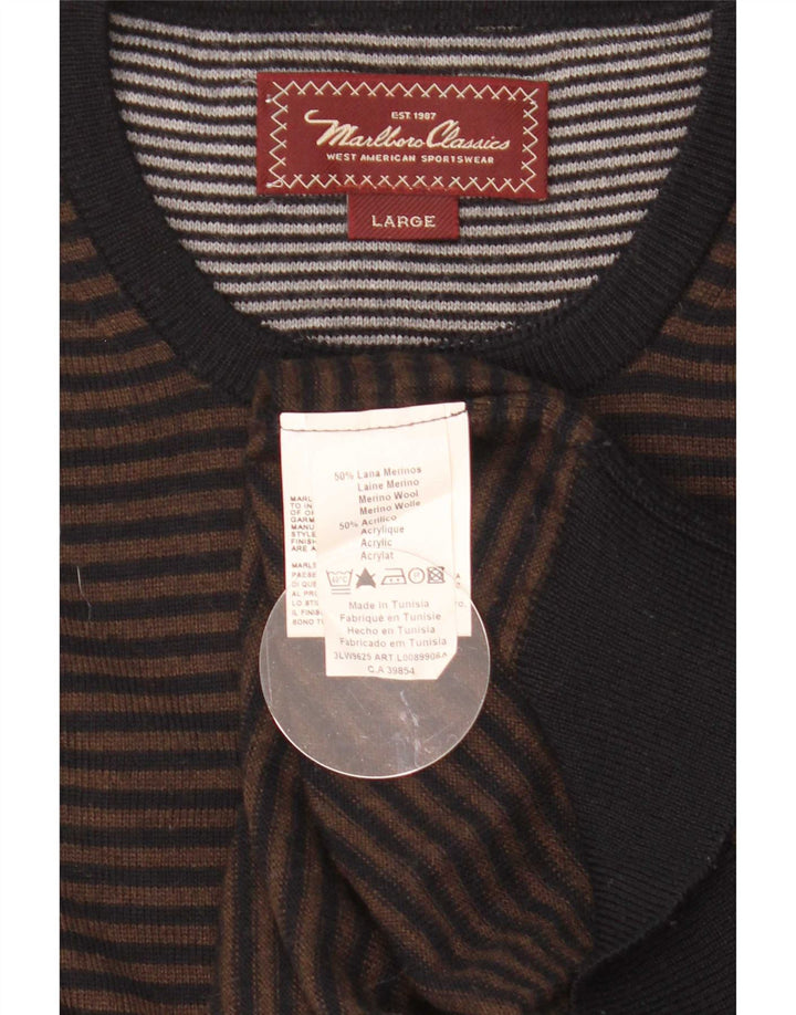 Marlboro Classics - Jersey de cuello redondo para hombre, talla grande, de lana a rayas, color marrón