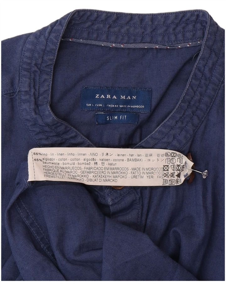 Zara Hombre Camisa Slim Fit Lino Azul Grande