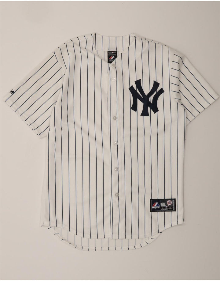 MAJESTIC Camiseta estampada de los New York Yankees para hombre, mediana, blanca, a rayas
