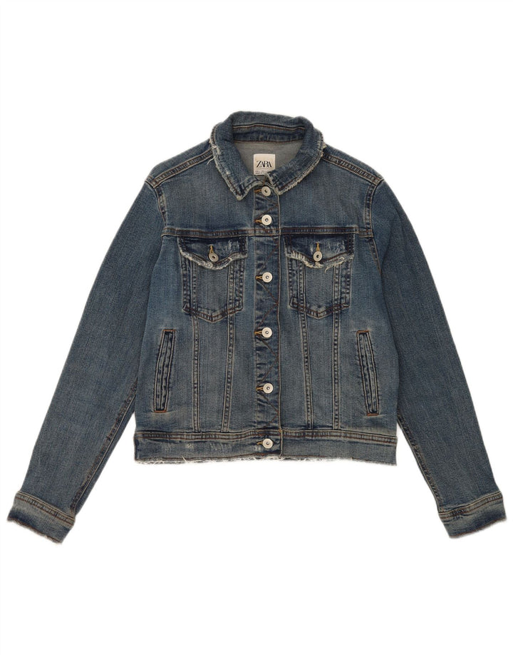 Zara Mujer Crop Denim Chaqueta UK 46 Grande Azul Algodón