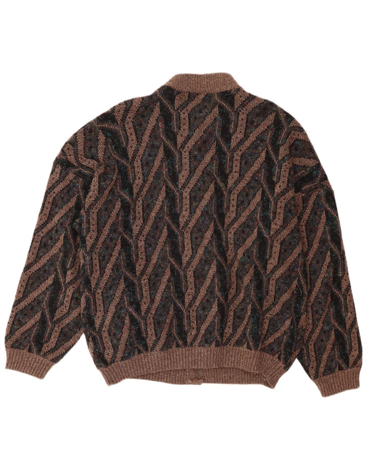 Vintage hombres Cardigan suéter grande marrón geométrico