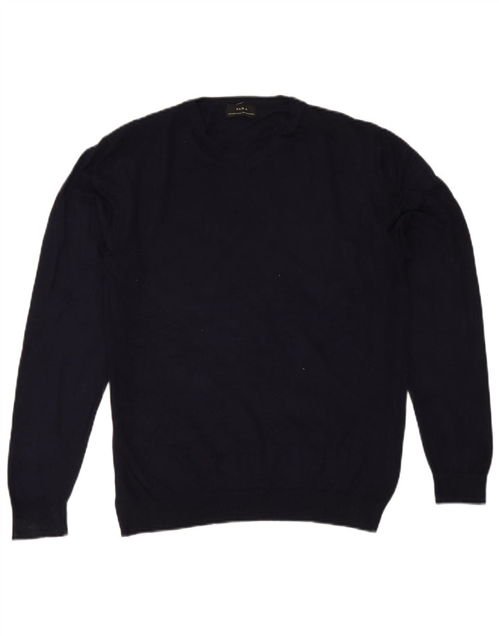 Zara - Jersey con cuello en V para mujer, talla 40, talla mediana, azul marino