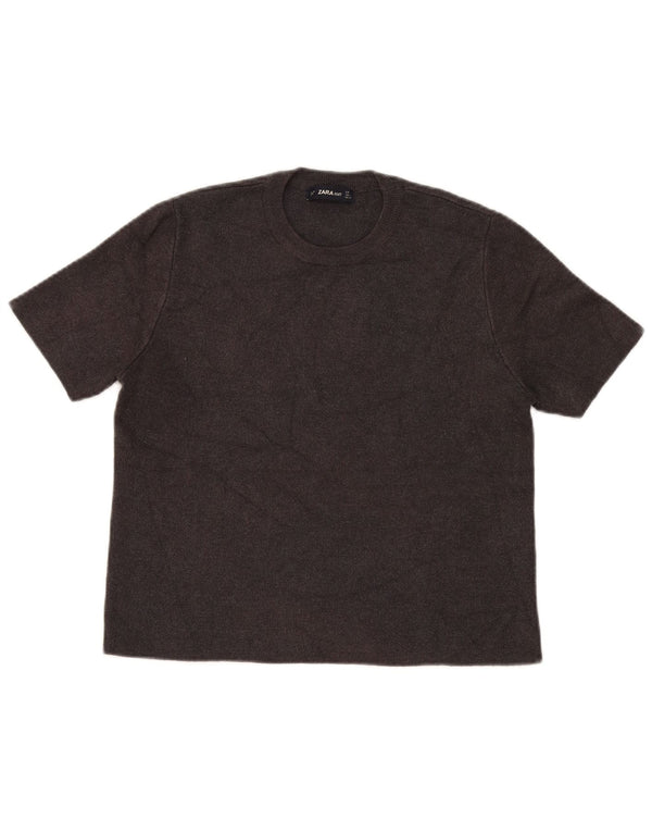 Zara Jersey de manga corta con cuello redondo para mujer, talla 40, color marrón medio