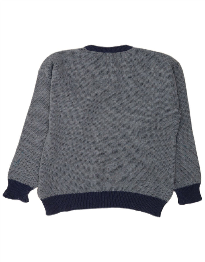 Vintage hombres barco cuello jumper suéter IT 52 grande azul geométrico