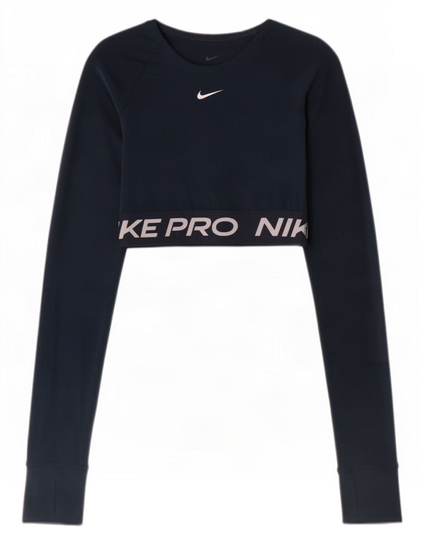 Nike Mujer Dri Fit Crop Graphic Top Manga Larga UK 4 XS Azul Marino