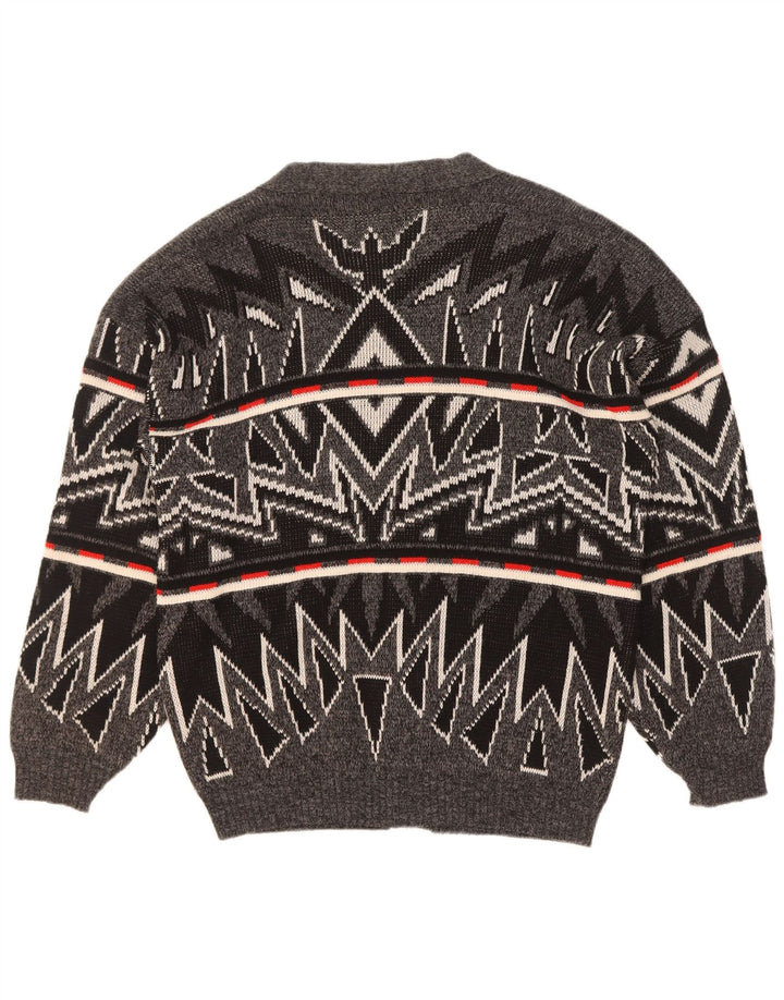 Vintage hombres Cardigan suéter XL gris geométrico acrílico