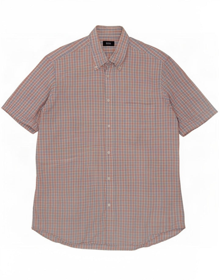 Hugo Boss Camisa Manga Corta Hombre Talla 41 16 Cuadro Azul Grande