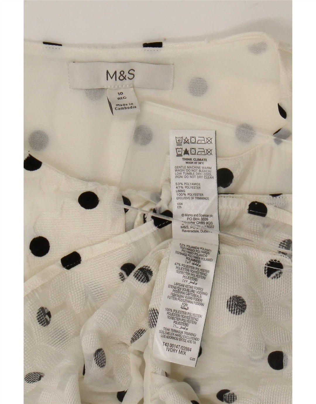 Marks & Spencer Blusa para mujer UK 10 Small White Polka Dot Poliamida
