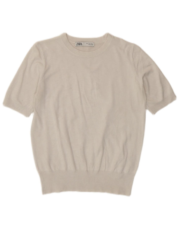 Zara Jersey de manga corta con cuello barco para mujer, talla 40, talla pequeña, viscosa blanca