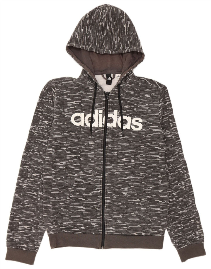 Adidas Sudadera con capucha y cremallera gráfica para hombre, poliéster moteado gris pequeño