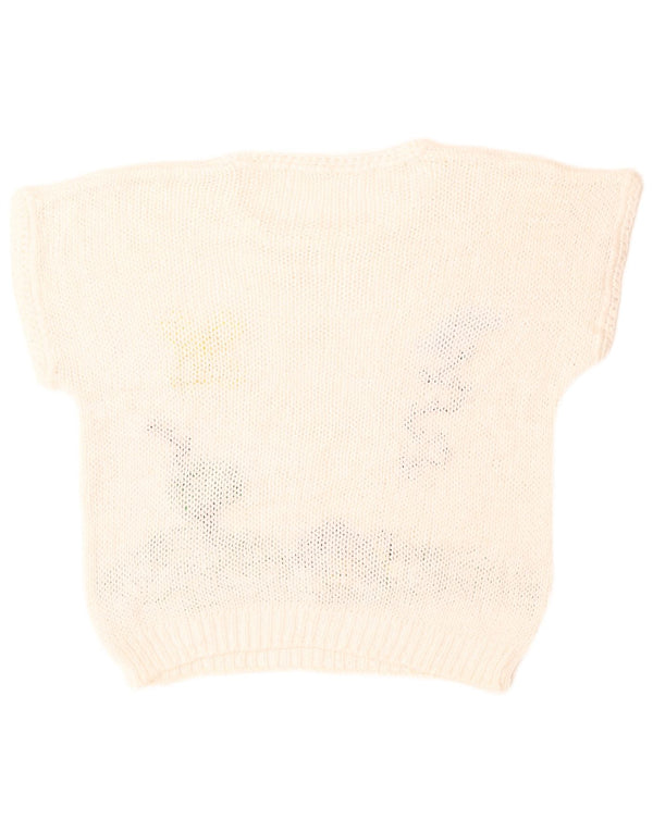 Vintage mujer gráfico cuello redondo jersey suéter Reino Unido 14 blanco grande