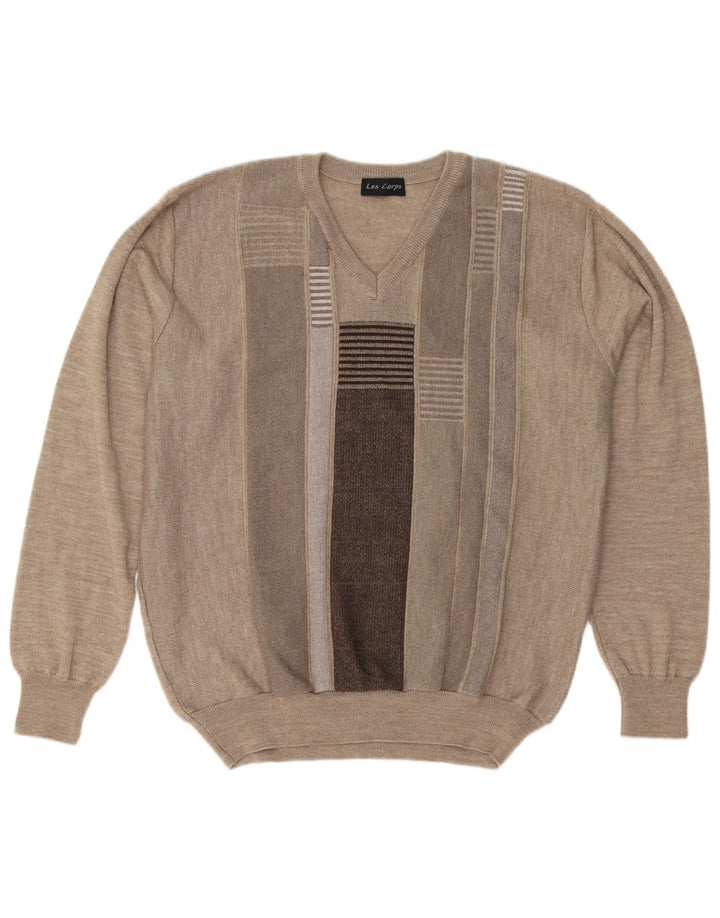Jersey Les Corps Hombre Con Cuello En V De Lana A Rayas Beige Medio