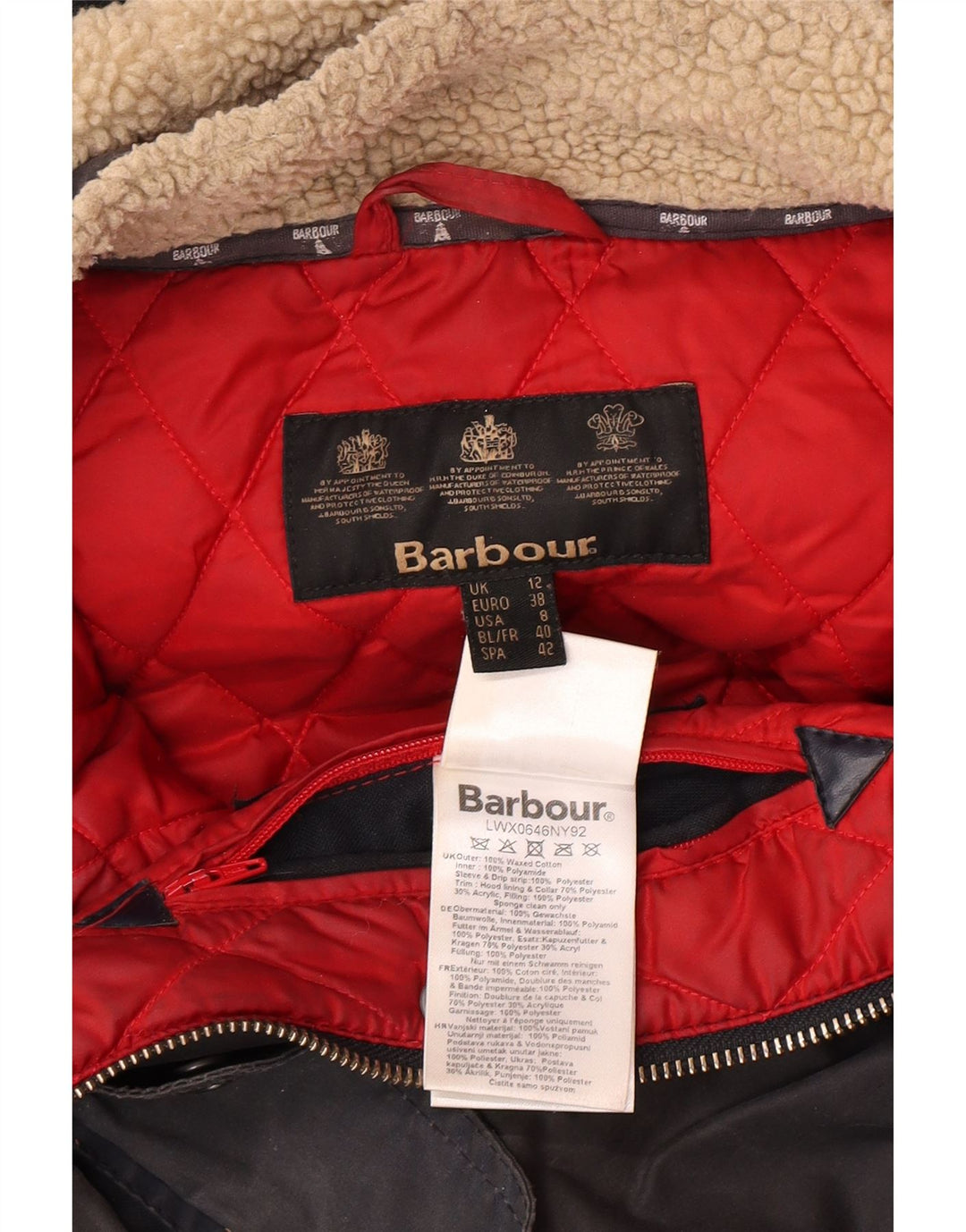 BARBOUR Chaqueta encerada extragrande con capucha para mujer Reino Unido 12 Algodón azul marino mediano