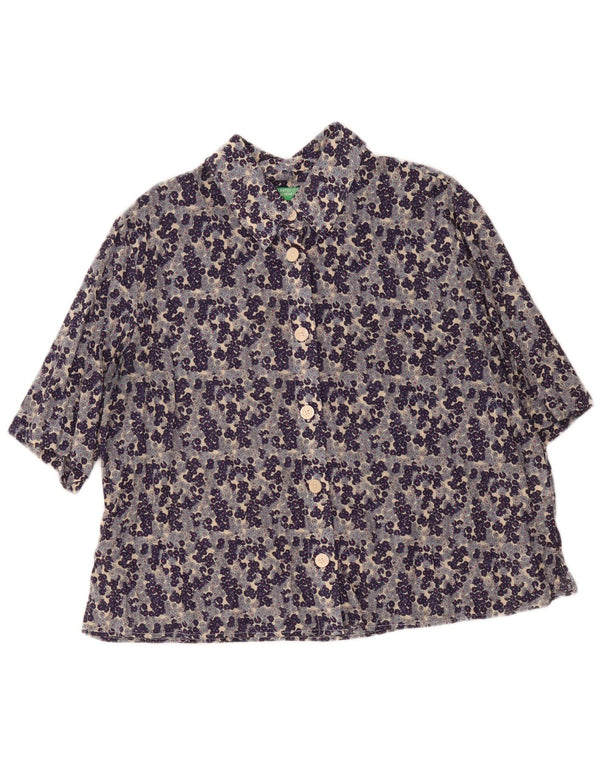 Benetton Camisa De Manga Corta Mujer ES 40 XL Algodón Azul Marino Floral