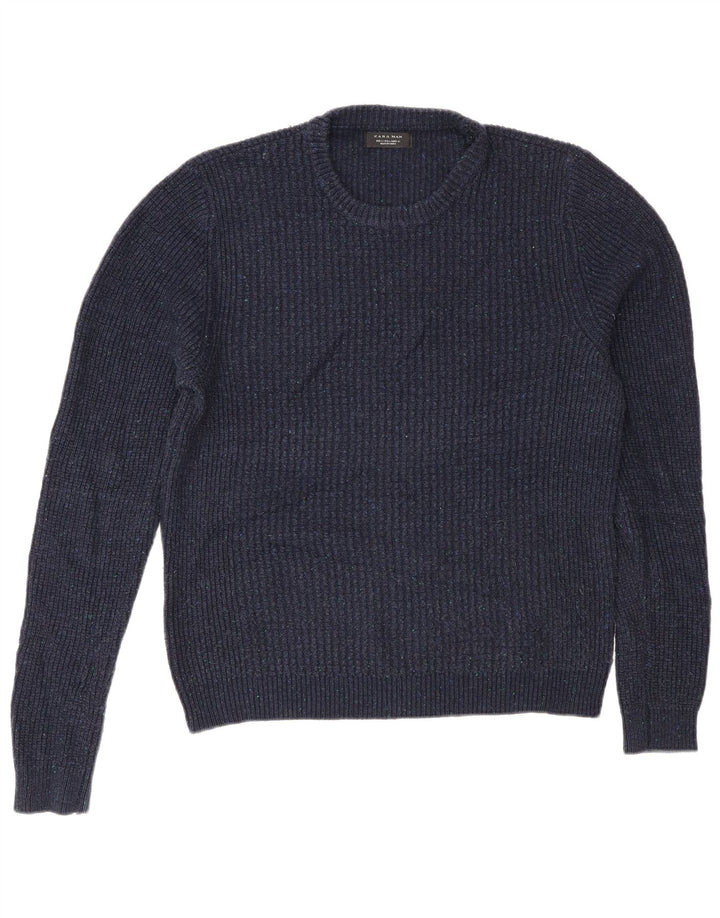 Zara Mens Crew Neck Jumper Sweater Grande Azul Marino Acrílico