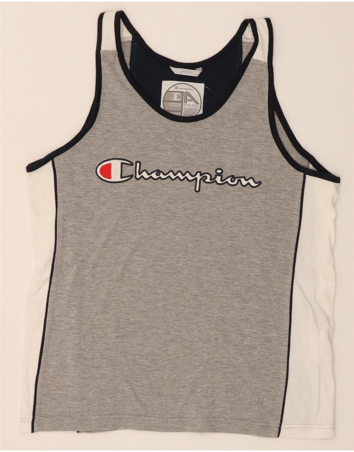 Champion Camiseta sin mangas estampada para mujer UK 44 Algodón gris medio con bloques de color