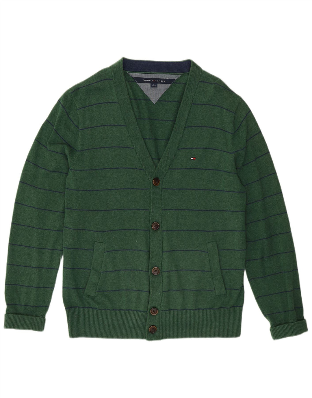 Tommy Hilfiger Hombre Cárdigan Suéter De Algodón A Rayas Verde Medio
