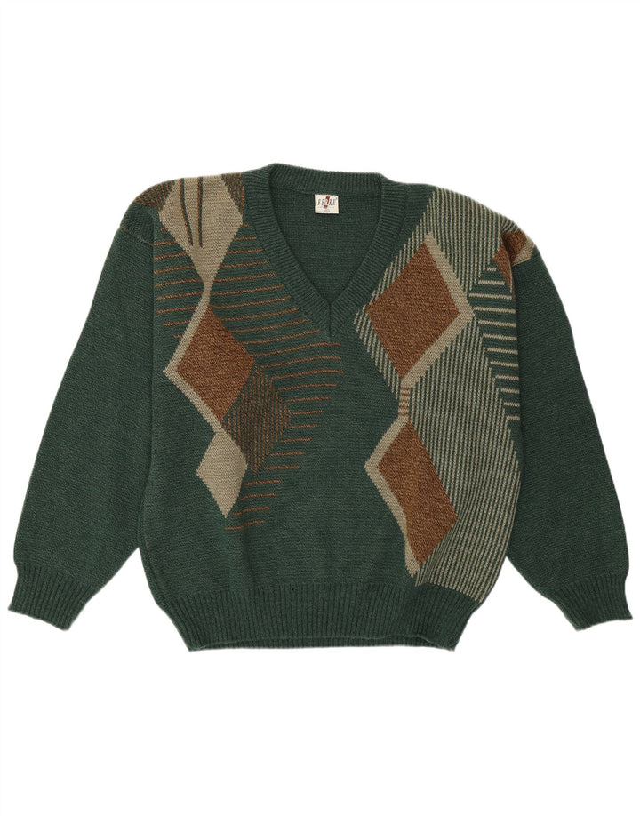 VINTAGE Hombres V-Cuello Jumper Suéter XL Verde Argyle/Diamond Acrílico Clásico