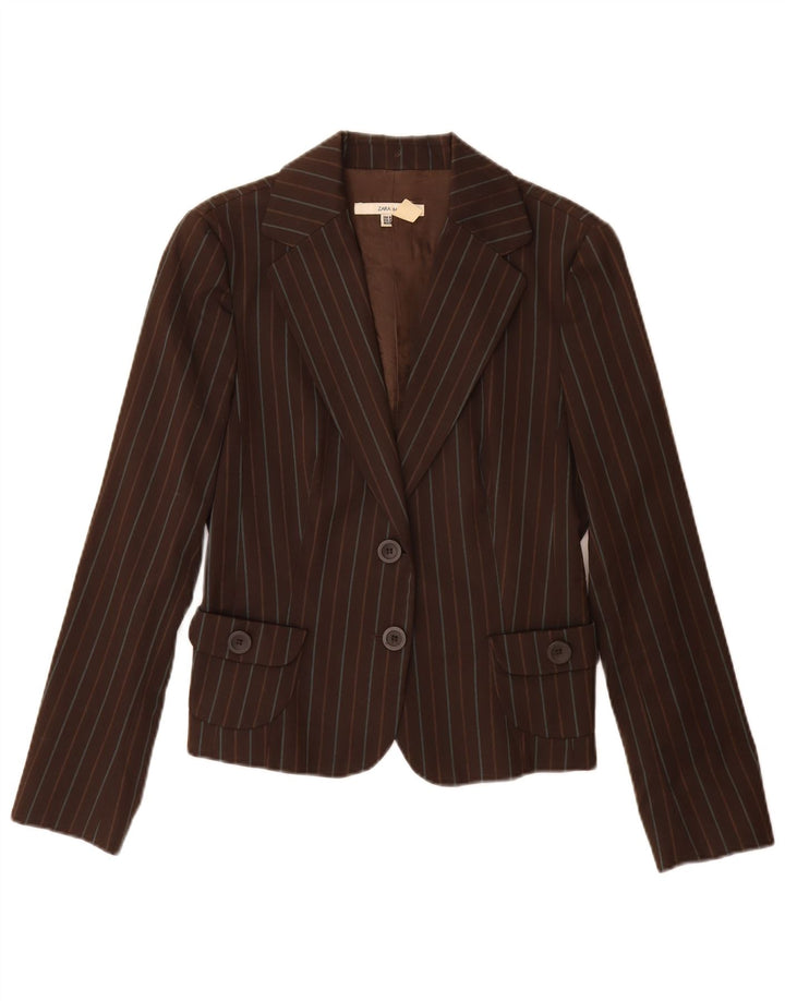 Zara Chaqueta Blazer De 2 Botones Para Mujer UK 42 Poliéster A Rayas Marrón Medio