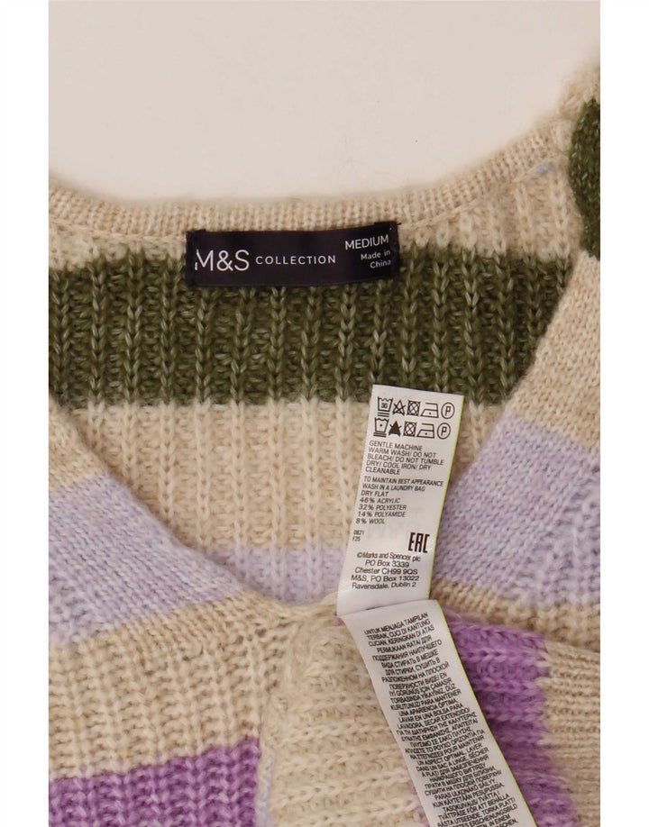 Marks & Spencer Suéter con Cuello en V para Mujer UK 44 Medium Beige Rayas