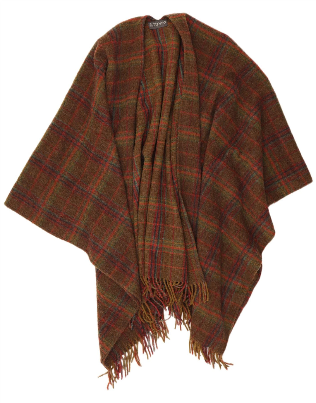 Jersey tipo poncho abierto para mujer Superior UK 40 Lana a cuadros marrón grande