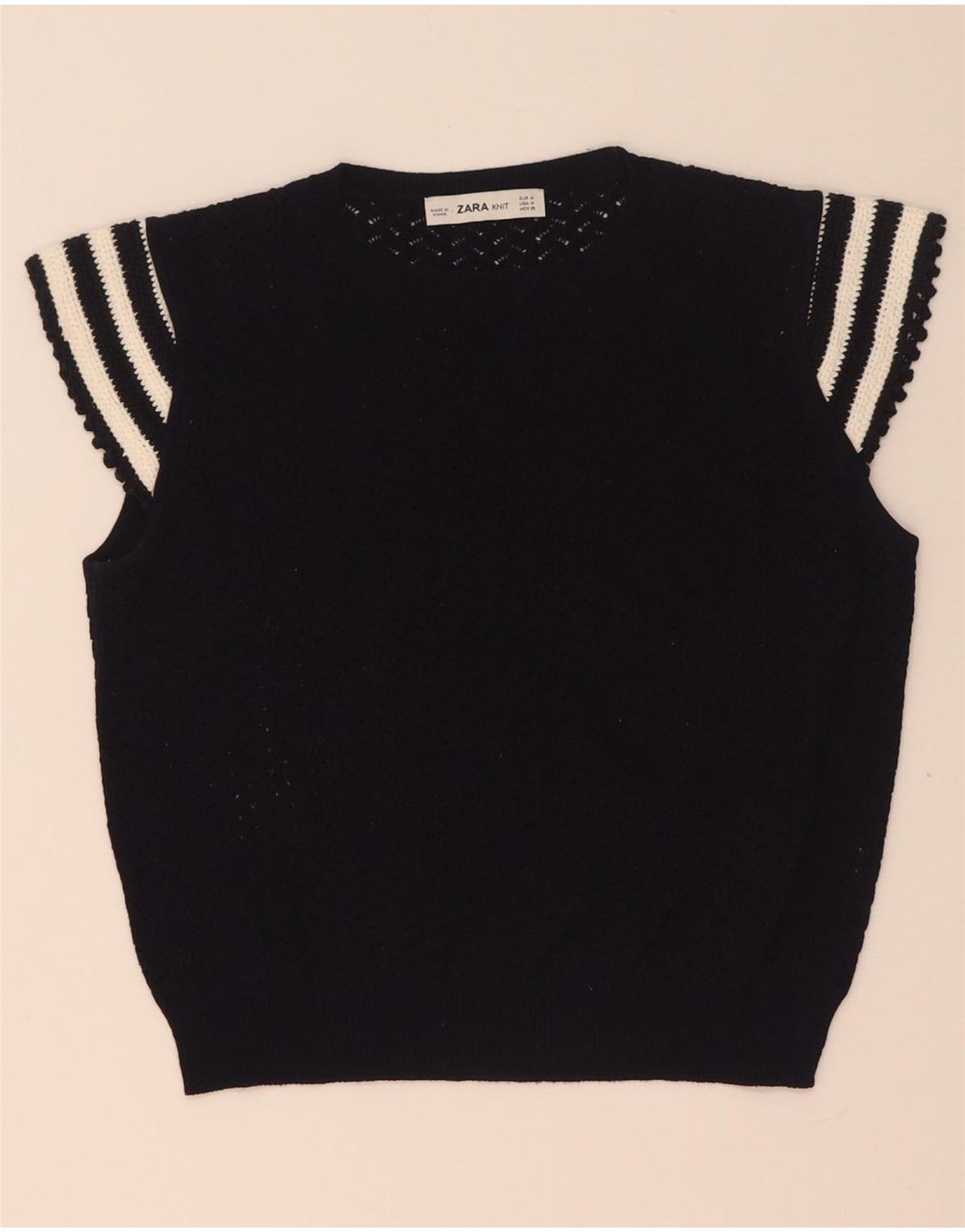 Zara Blusa de punto corta para mujer UK 40 Mediano Azul marino a rayas