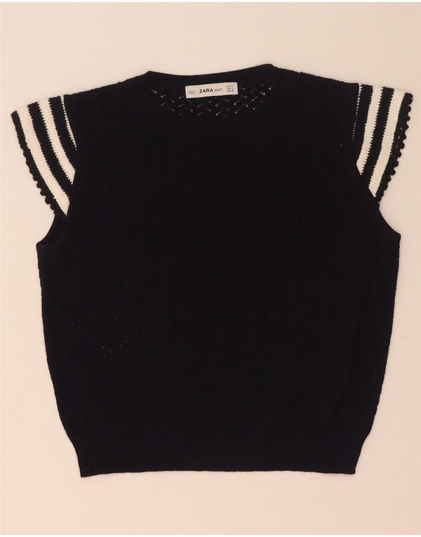 Zara Blusa de punto corta para mujer UK 40 Mediano Azul marino a rayas