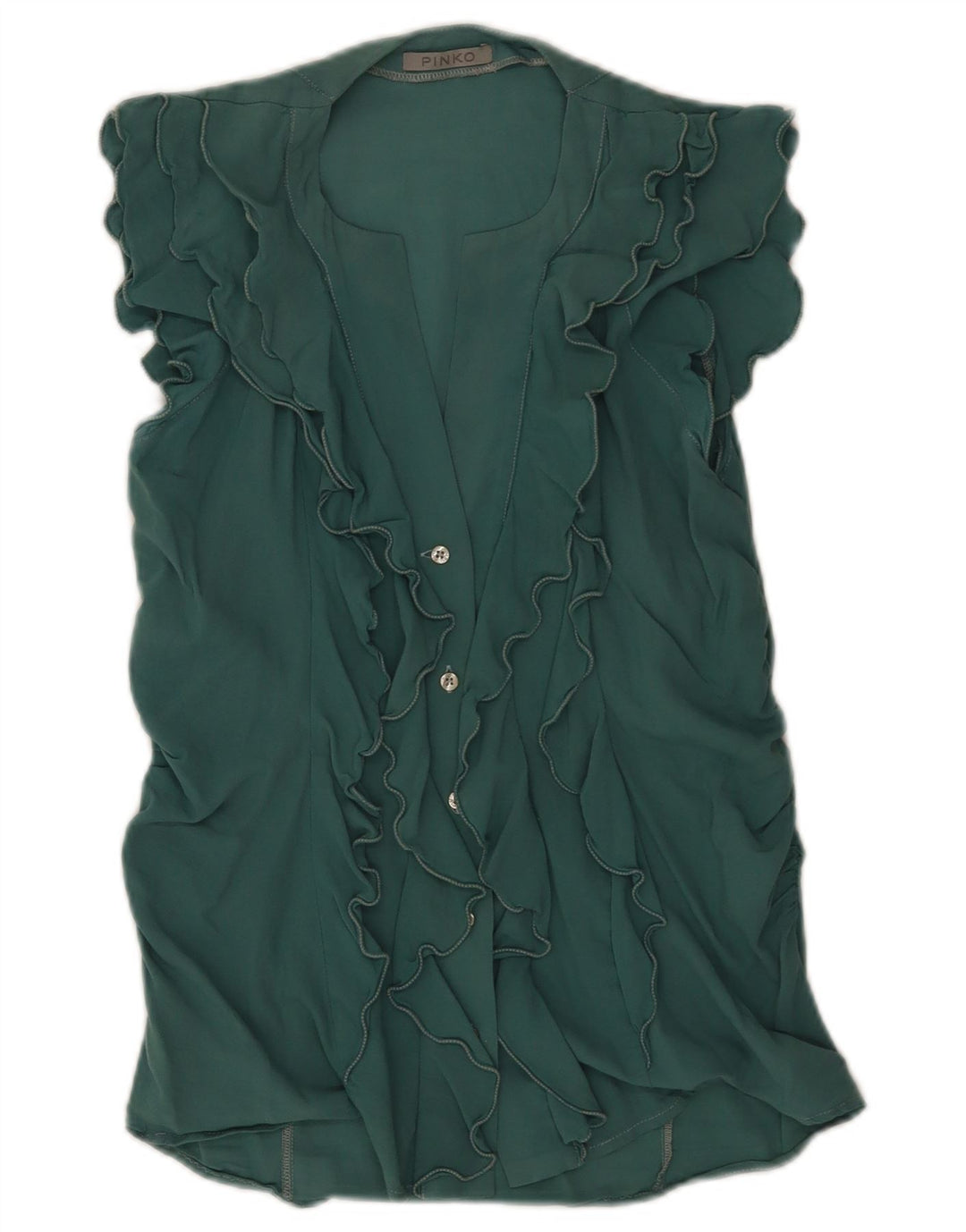 Pinko Blusa de manga corta con volantes en la parte delantera para mujer, talla 40, color verde medio