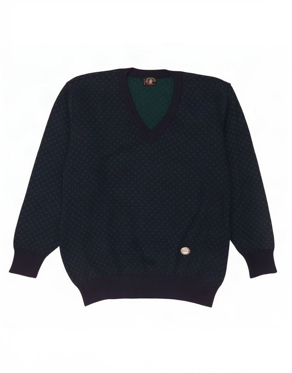 Vintage hombres V-cuello jumper suéter XL azul marino lana geométrica