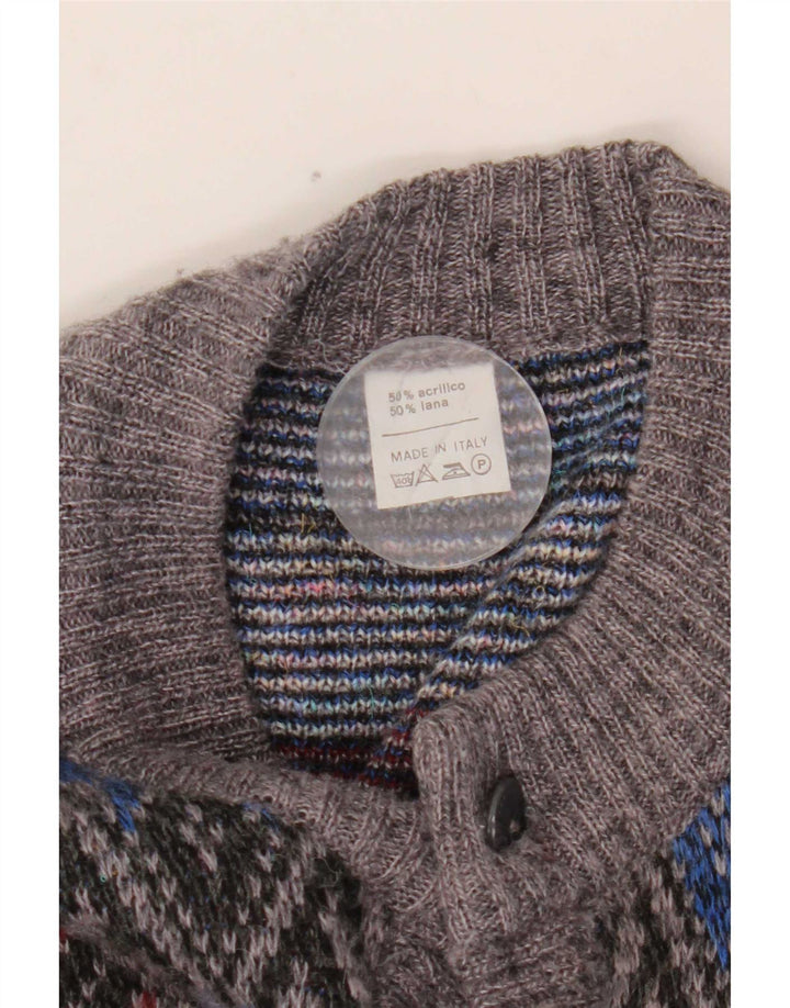 Vintage hombres Cardigan suéter medio gris Argyle/Diamond acrílico