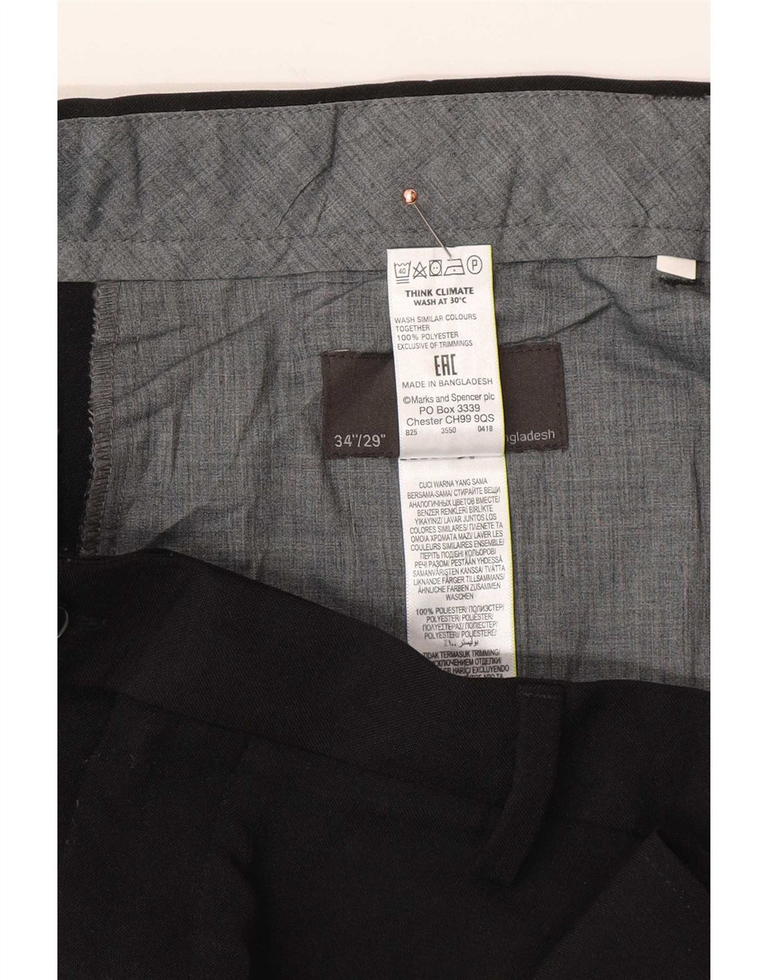 Marks & Spencer Pantalón de traje regular para hombre W34 L29 Poliéster negro