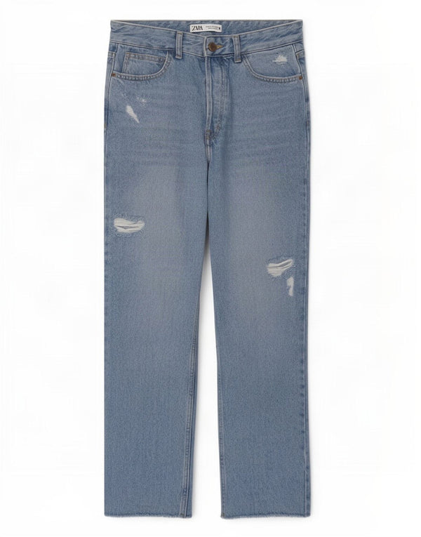 Zara Jeans rectos desgastados para mujer EU 38 Small W28 L27 Azul