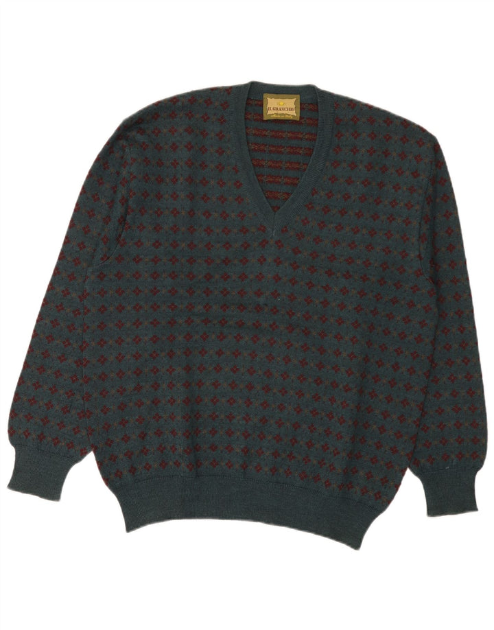 Il Granchio Jersey con Cuello en V para Hombre Lana Fair Isle Verde Medio