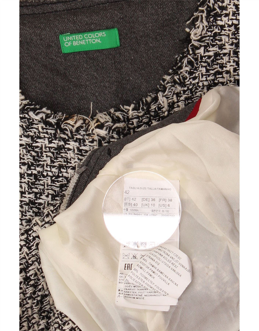 BENETTON Womens Crop Open Blazer Jacket UK 10 Small Grey Houndstooth