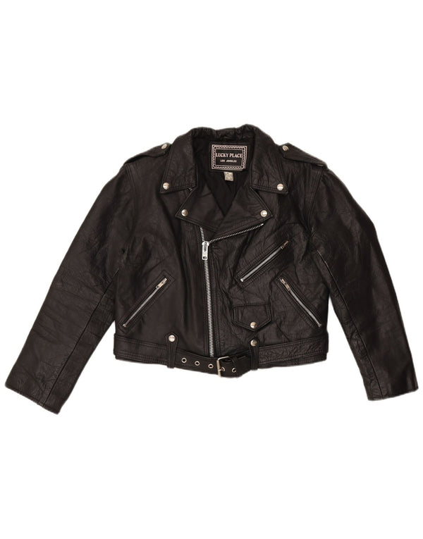 Vintage mujer crop cuero biker chaqueta Reino Unido 18 XL cuero negro