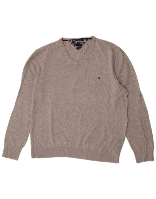 Tommy Hilfiger Jersey con cuello en V para hombre, talla 2XL, algodón gris