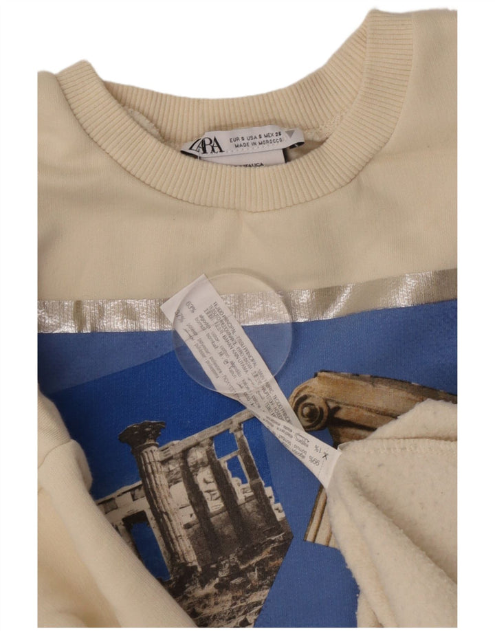Zara Mujer Gráfico Sudadera De Gran Tamaño Jumper UK 10 Small Off White
