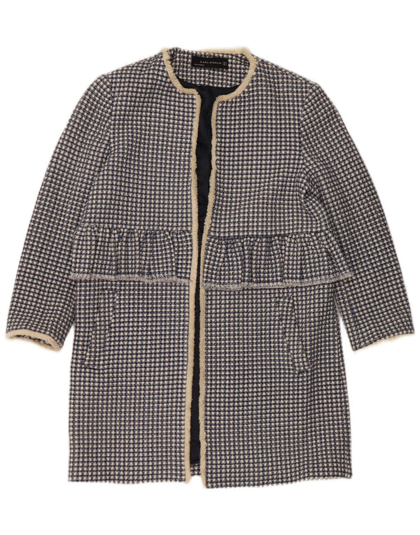 Zara Womens Oversized Open Overcoat UK 10 Small Blue Houndstooth Cotton