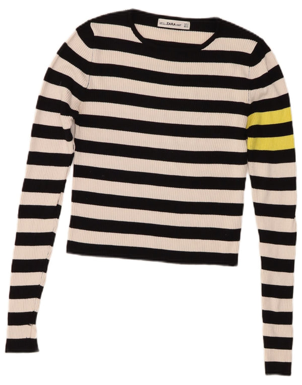 Zara Mujer Crop Top Manga Larga UK 10 Small Azul Marino Rayas
