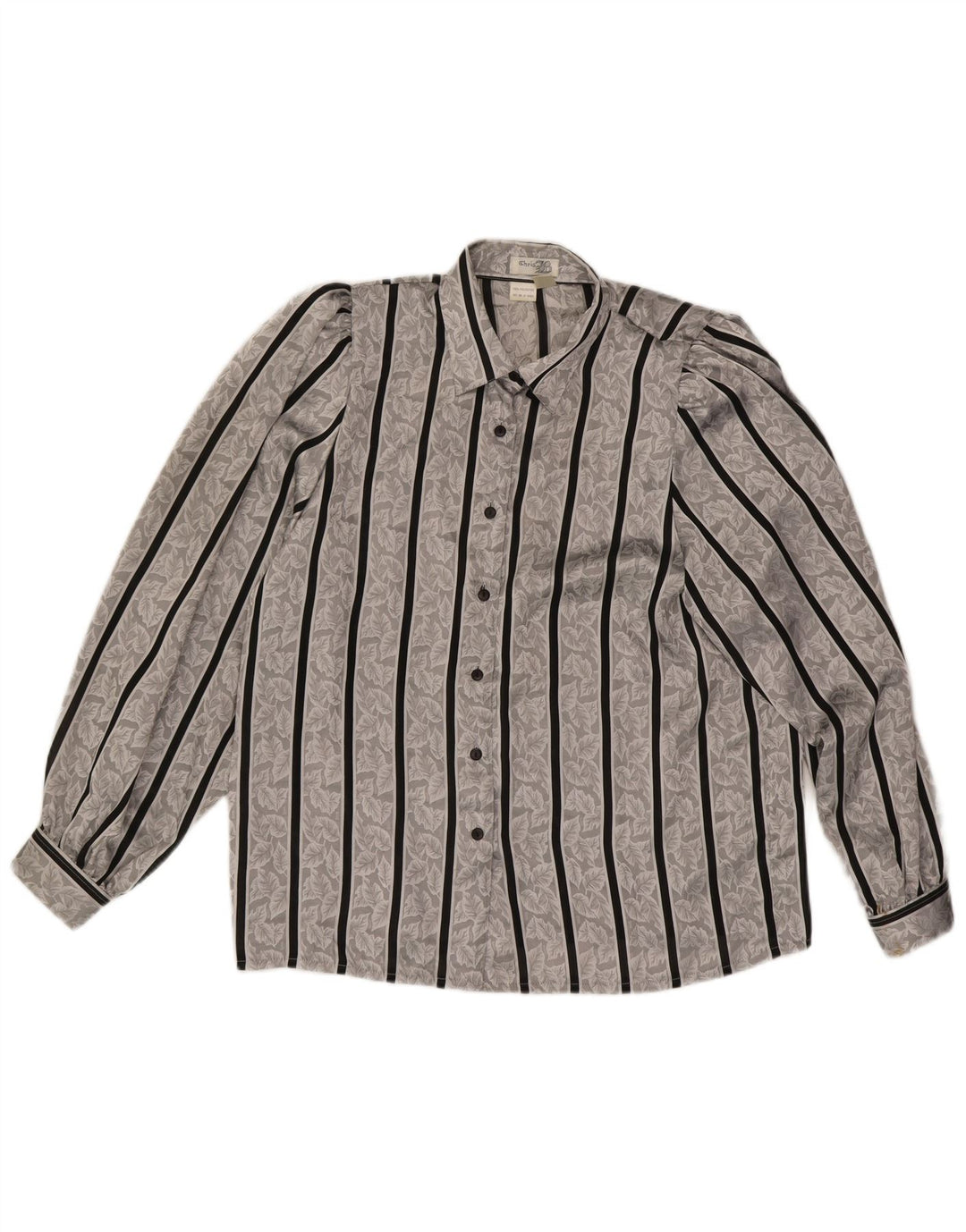Vintage mujer camisa blusa Reino Unido 14/16 poliéster de rayas grises grandes