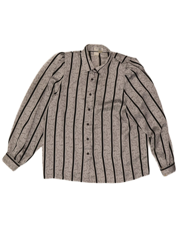 Vintage mujer camisa blusa Reino Unido 14/16 poliéster de rayas grises grandes