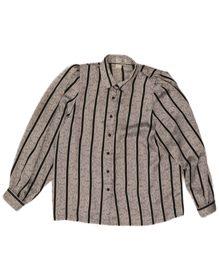 Vintage mujer camisa blusa Reino Unido 14/16 poliéster de rayas grises grandes