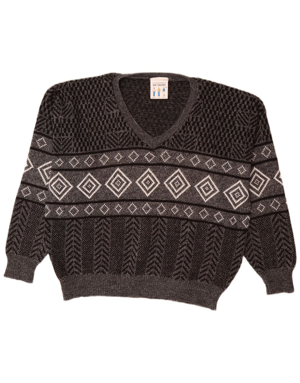 Vintage hombres V-cuello jumper suéter XL gris geométrico acrílico