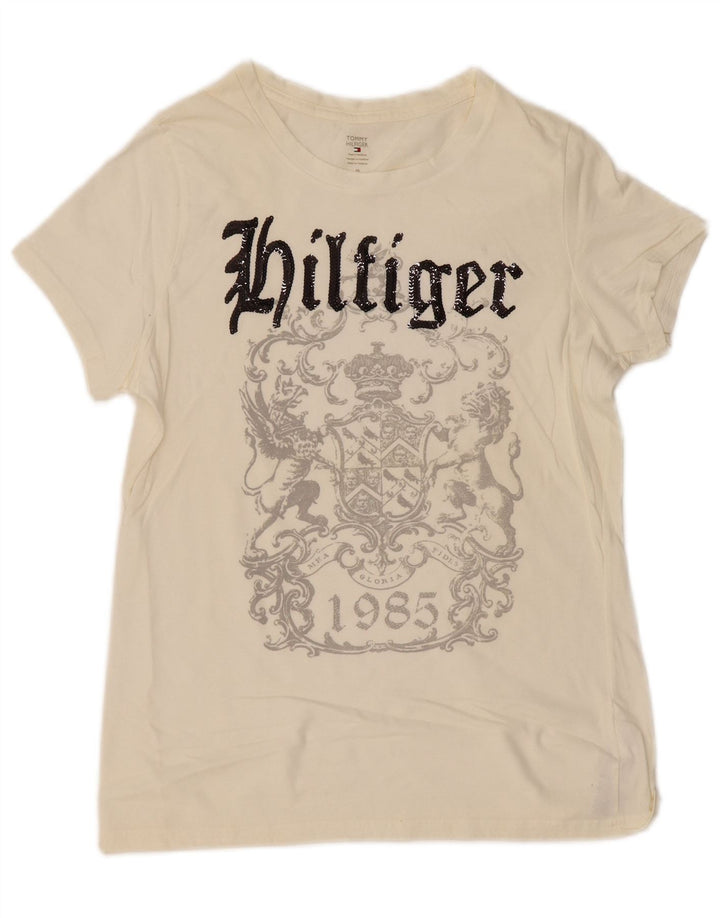 TOMMY HILFIGER Camiseta gráfica para mujer Top UK 12 Medium Off White Cotton