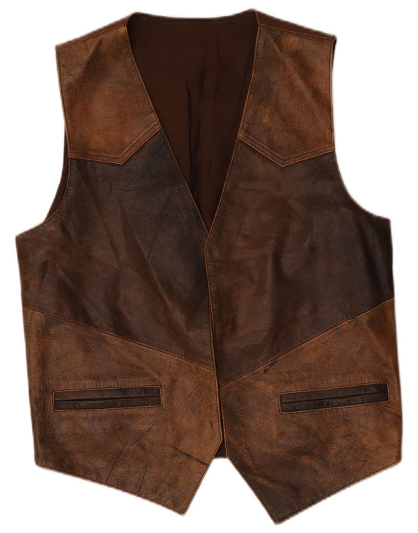 Chaleco de cuero vintage para hombre Bloque de color marrón medio