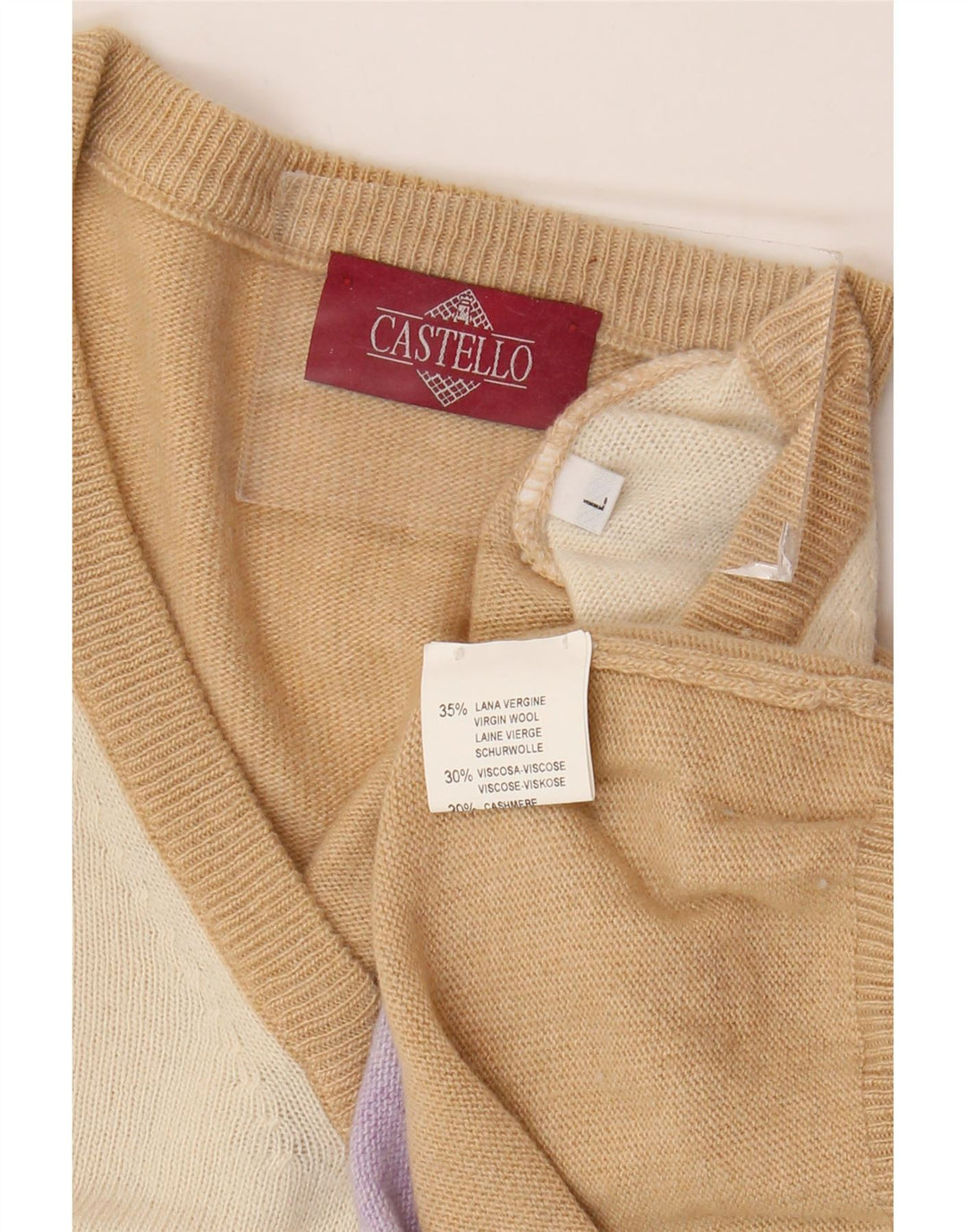 Castello Jersey con Cuello en V para Hombre Large Beige Argyle/Diamond Virgin Wool